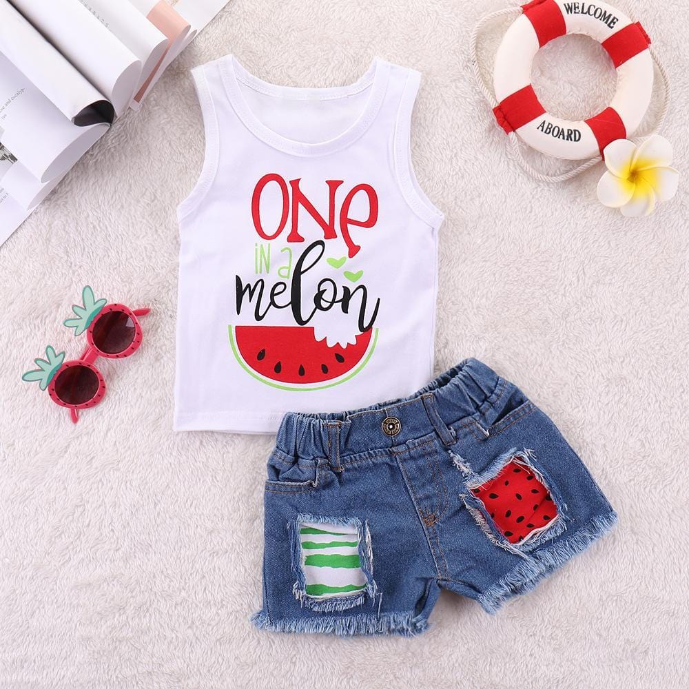 Girls One Watermelon Printed Sleeveless Top & Ripped Denim Shorts Kids Wholesale Clothing - PrettyKid