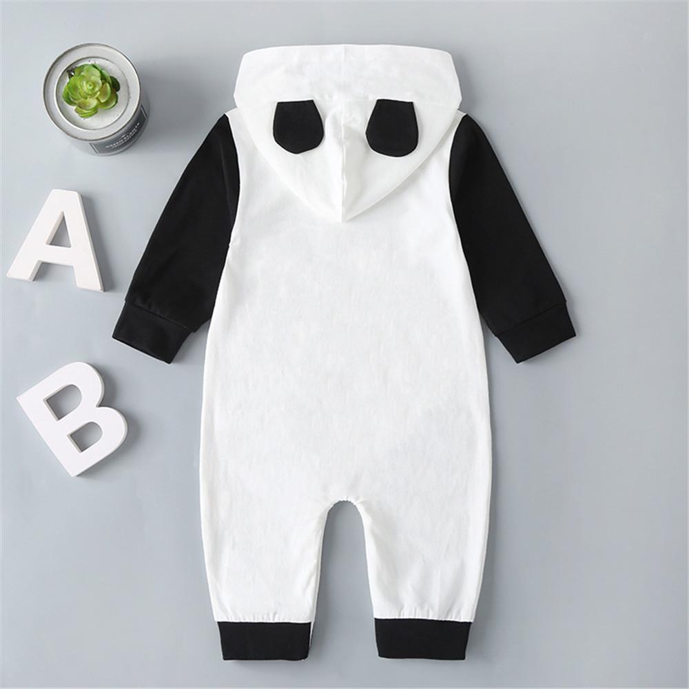 Baby Panda Color Contrast Long Sleeve Hooded Romper - PrettyKid