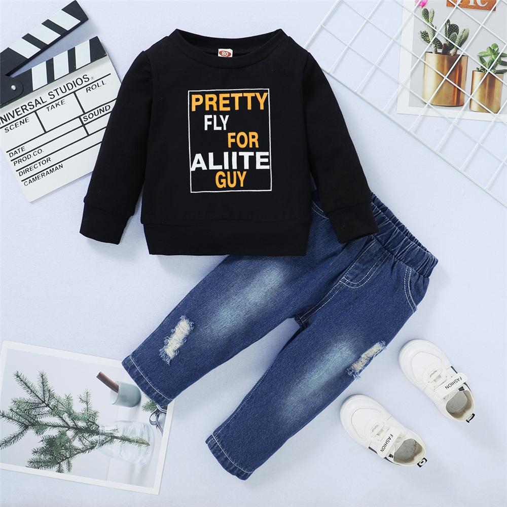 Boys Pattern Letter Printed Long Sleeve Top & Ripped Jeans Wholesale Boy Boutique Clothing - PrettyKid