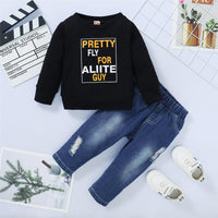 Boys Pattern Letter Printed Long Sleeve Top & Ripped Jeans Wholesale Boy Boutique Clothing - PrettyKid