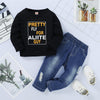 Boys Pattern Letter Printed Long Sleeve Top & Ripped Jeans Wholesale Boy Boutique Clothing - PrettyKid