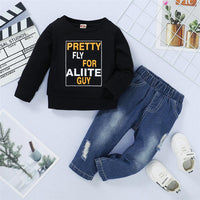 Boys Pattern Letter Printed Long Sleeve Top & Ripped Jeans Wholesale Boy Boutique Clothing - PrettyKid