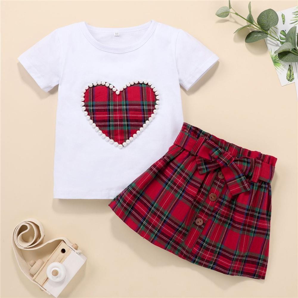 Girls Pearl Plaid Heart Short Sleeve Top & Skirt Buy Baby Clothes Wholesale - PrettyKid