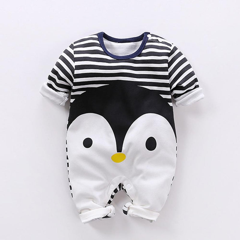 Baby Penguin Cartoon Striped Long Sleeve Romper - PrettyKid