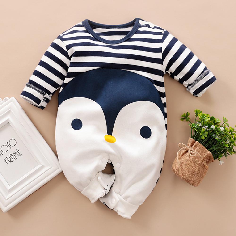 Baby Penguin Cartoon Striped Long Sleeve Romper - PrettyKid