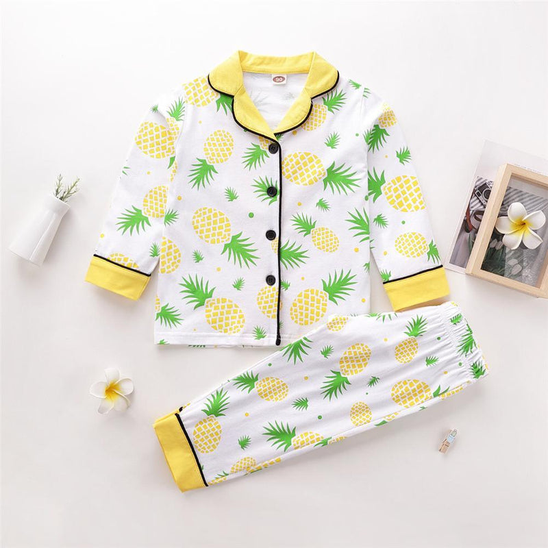 Boys Pineapple Printed Button Long Sleeve Wholesale Childrens Pajamas - PrettyKid