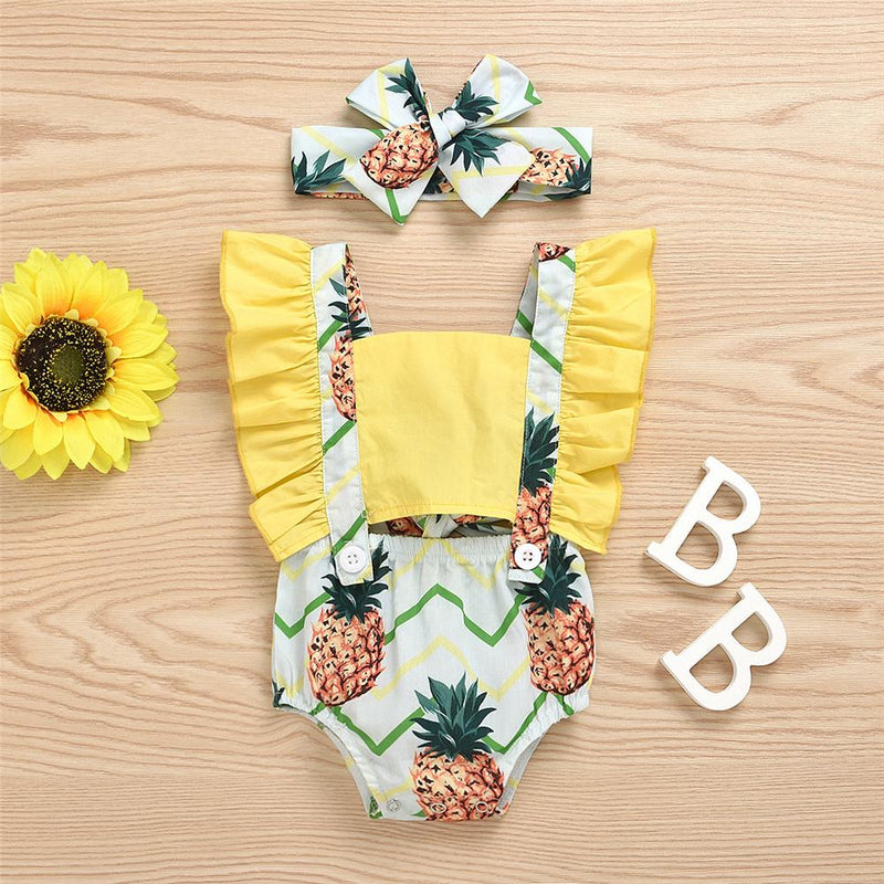 Baby Girls Pineapple Printed Button Sleeveless Romper Bulk Baby Clothes For Sale - PrettyKid