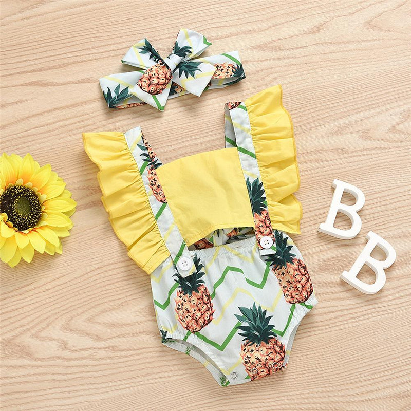 Baby Girls Pineapple Printed Button Sleeveless Romper Bulk Baby Clothes For Sale - PrettyKid