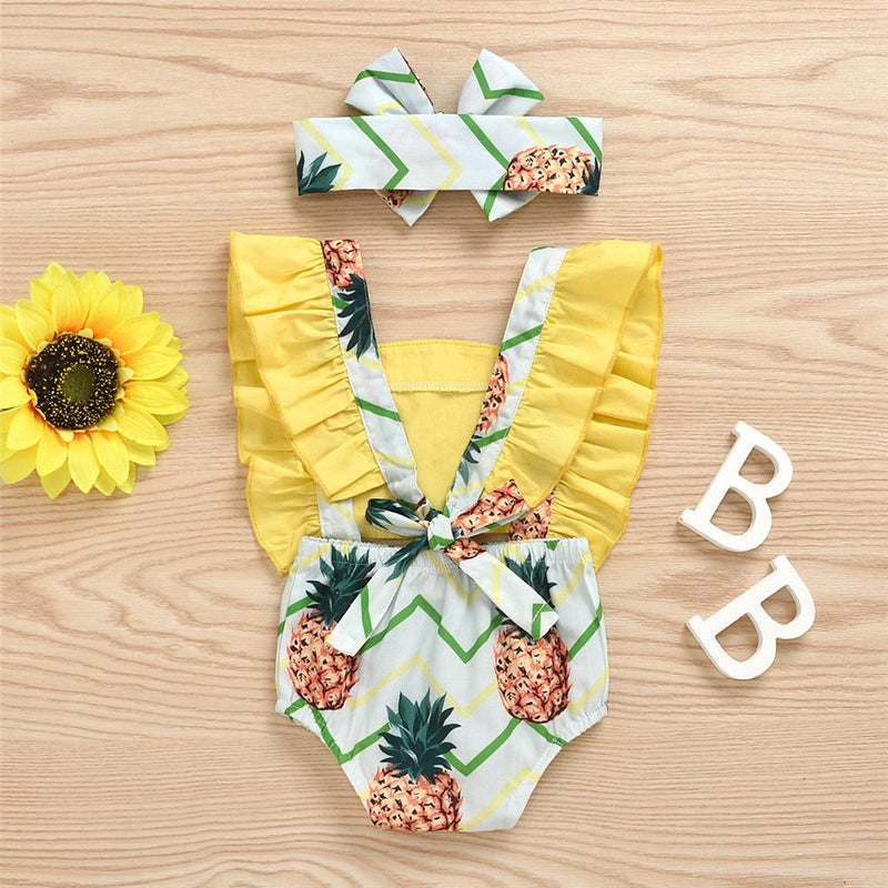 Baby Girls Pineapple Printed Button Sleeveless Romper Bulk Baby Clothes For Sale - PrettyKid
