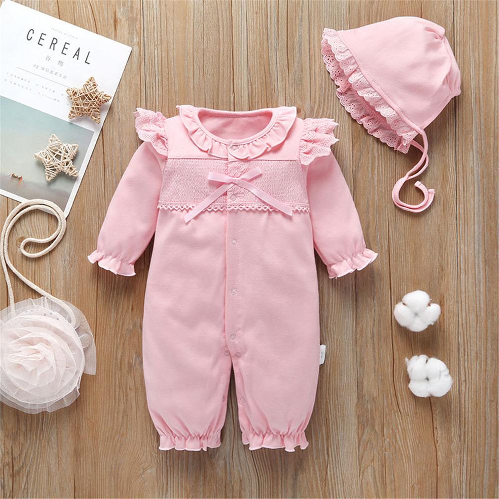 Baby Girls Pink Long Sleeve Lace Romper & Hat Wholesale Baby Outfits - PrettyKid