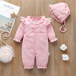 Baby Girls Pink Long Sleeve Lace Romper & Hat Wholesale Baby Outfits - PrettyKid