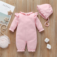 Baby Girls Pink Long Sleeve Lace Romper & Hat Wholesale Baby Outfits - PrettyKid