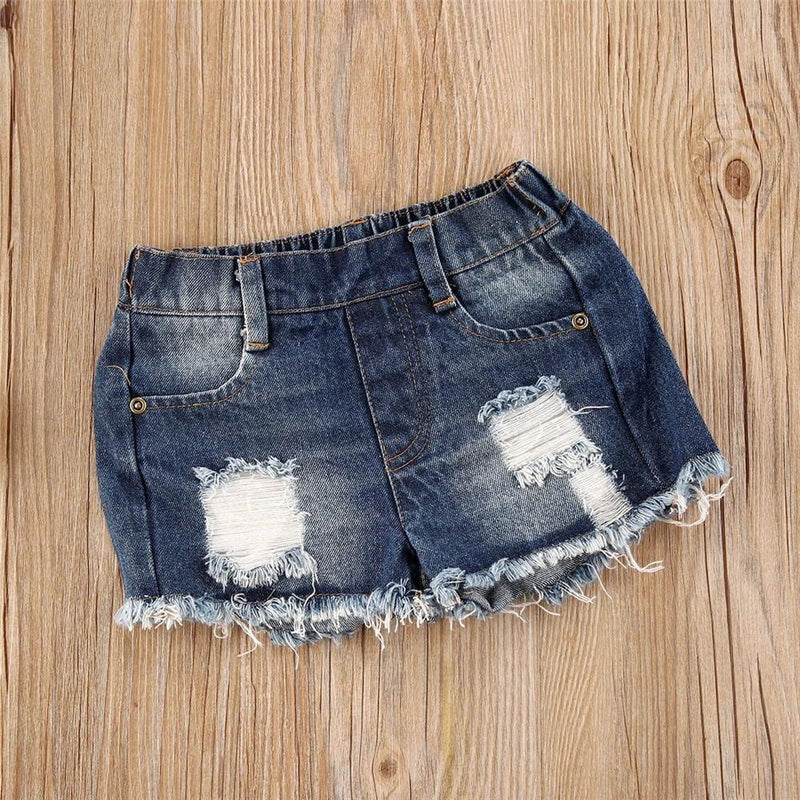Girls Pink Short Sleeve Button Top & Denim Ripped Shorts Girls Wholesale - PrettyKid