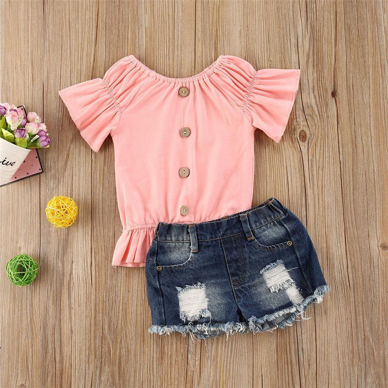 Girls Pink Short Sleeve Button Top & Denim Ripped Shorts Girls Wholesale - PrettyKid