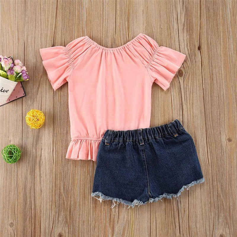 Girls Pink Short Sleeve Button Top & Denim Ripped Shorts Girls Wholesale - PrettyKid