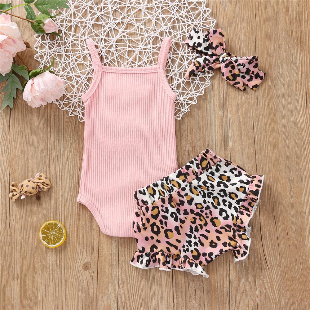 Baby Girls Pink Sling Romper & Leopard Shorts &cheap wholesale kids clothing - PrettyKid