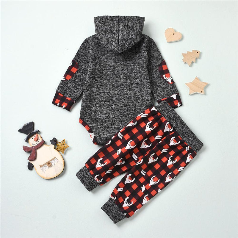 Baby Boys Plaid Antlers Printed Hooded Long Sleeve Romper & Pants Baby Boutique Wholesale - PrettyKid