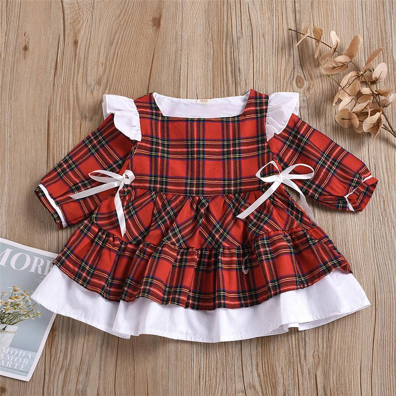 Girls Plaid Bow Decor Long Sleeve Dress Girls Dress Wholesale - PrettyKid