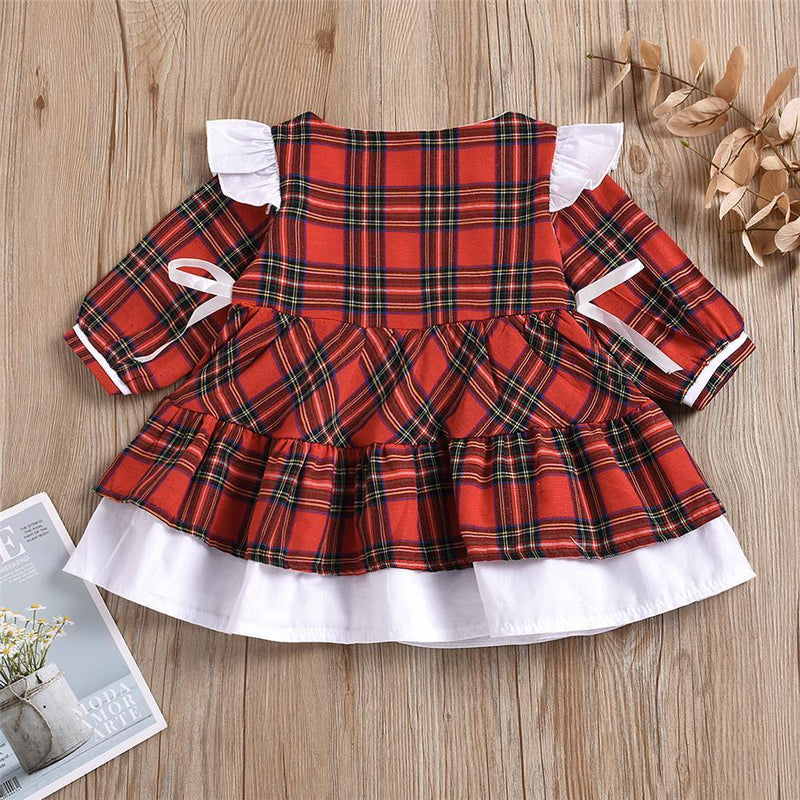 Girls Plaid Bow Decor Long Sleeve Dress Girls Dress Wholesale - PrettyKid