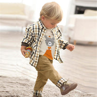 Boys Plaid Cartoon Printed Long Sleeve Top & Outwear & Pants - PrettyKid