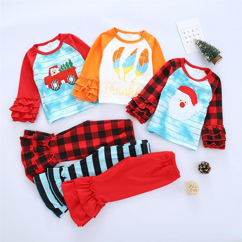 Girls Plaid Cartoon Tie Dye Long Sleeve Top & Flare Pants Wholesale Girls Clothing - PrettyKid