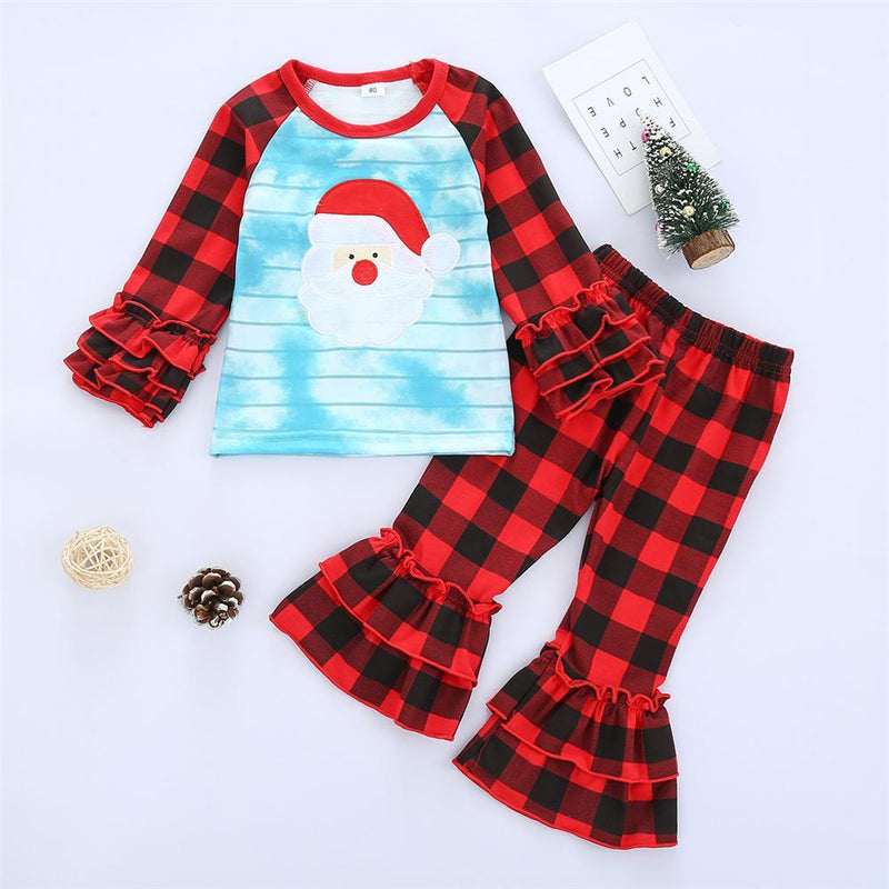 Girls Plaid Cartoon Tie Dye Long Sleeve Top & Flare Pants Wholesale Girls Clothing - PrettyKid