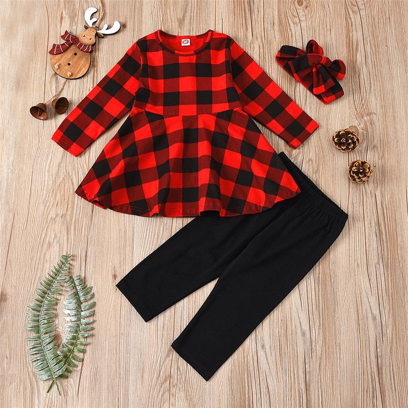 Girls Plaid Casual Long Sleeve Top & Leggings & Headband Girls Wholesale - PrettyKid