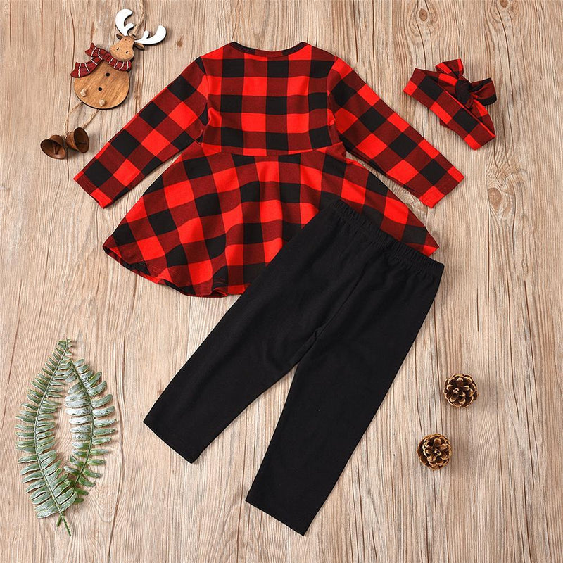 Girls Plaid Casual Long Sleeve Top & Leggings & Headband Girls Wholesale - PrettyKid