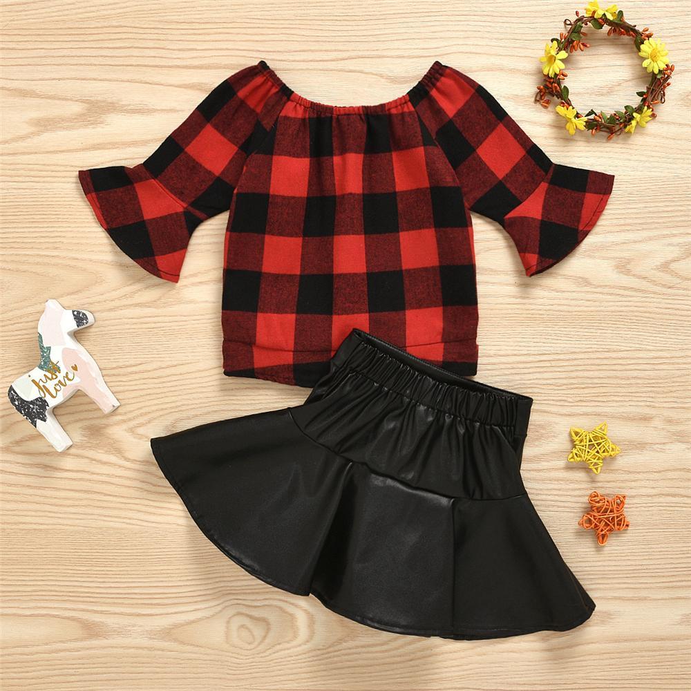 Girls Plaid Flare Sleeve Blouse & PU Skirt Girl Wholesale - PrettyKid