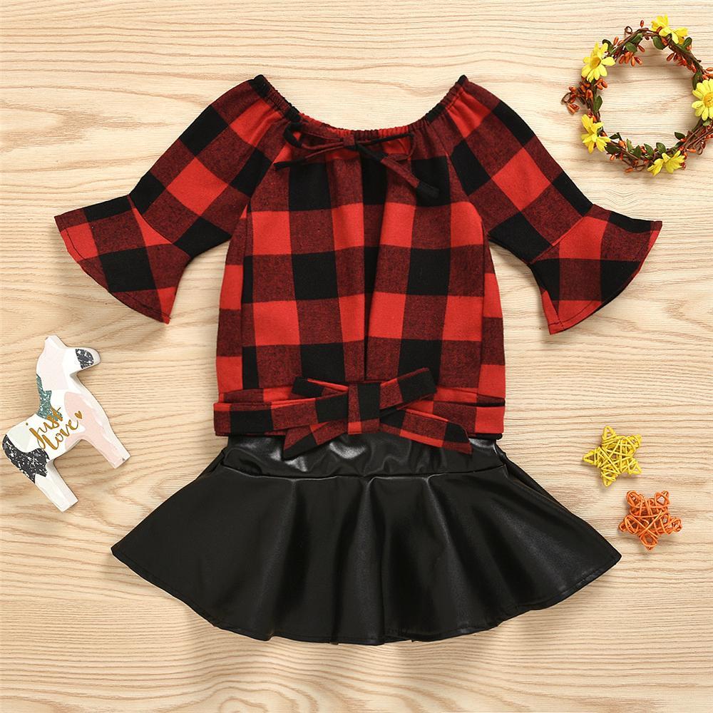 Girls Plaid Flare Sleeve Blouse & PU Skirt Girl Wholesale - PrettyKid