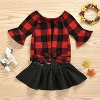 Girls Plaid Flare Sleeve Blouse & PU Skirt Girl Wholesale - PrettyKid