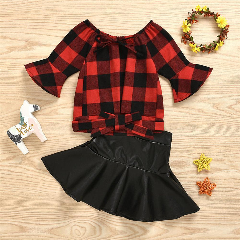 Girls Plaid Flare Sleeve Blouse & PU Skirt Girl Wholesale - PrettyKid