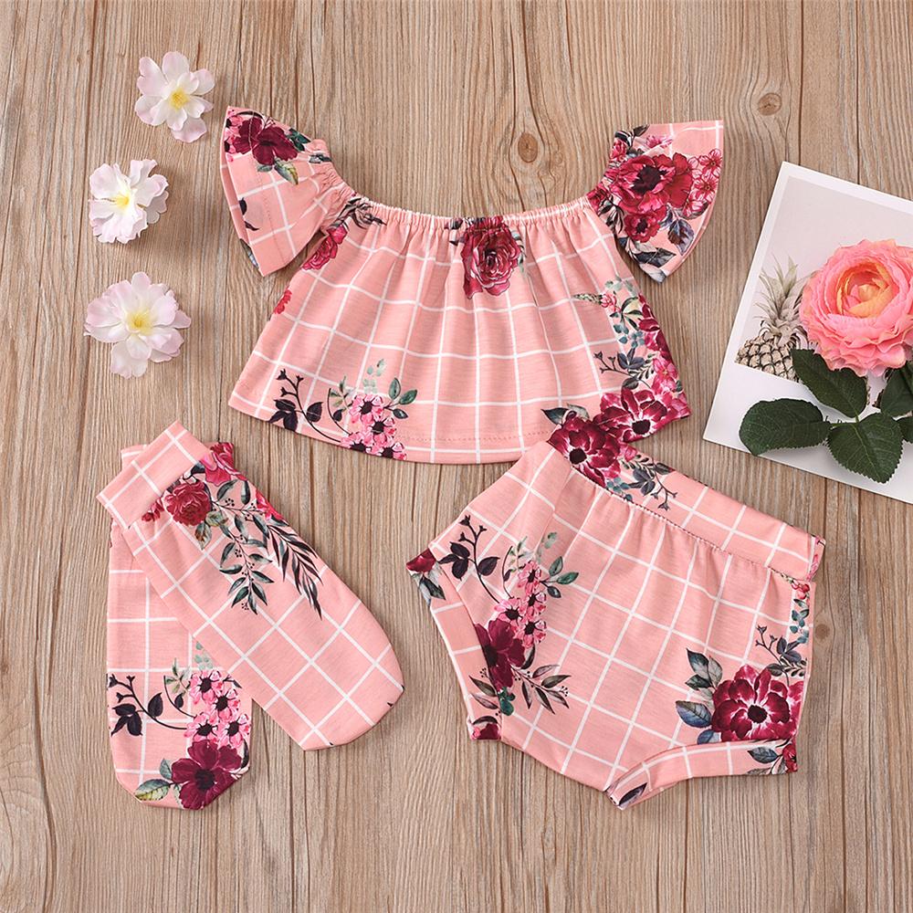 Baby Girls Plaid Floral Printed Short Sleeve Top & Shorts & Socks Baby Boutique Wholesale - PrettyKid