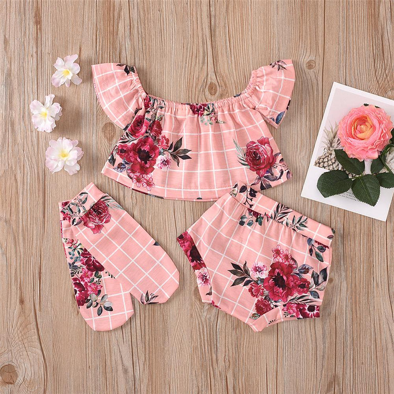 Baby Girls Plaid Floral Printed Short Sleeve Top & Shorts & Socks Baby Boutique Wholesale - PrettyKid