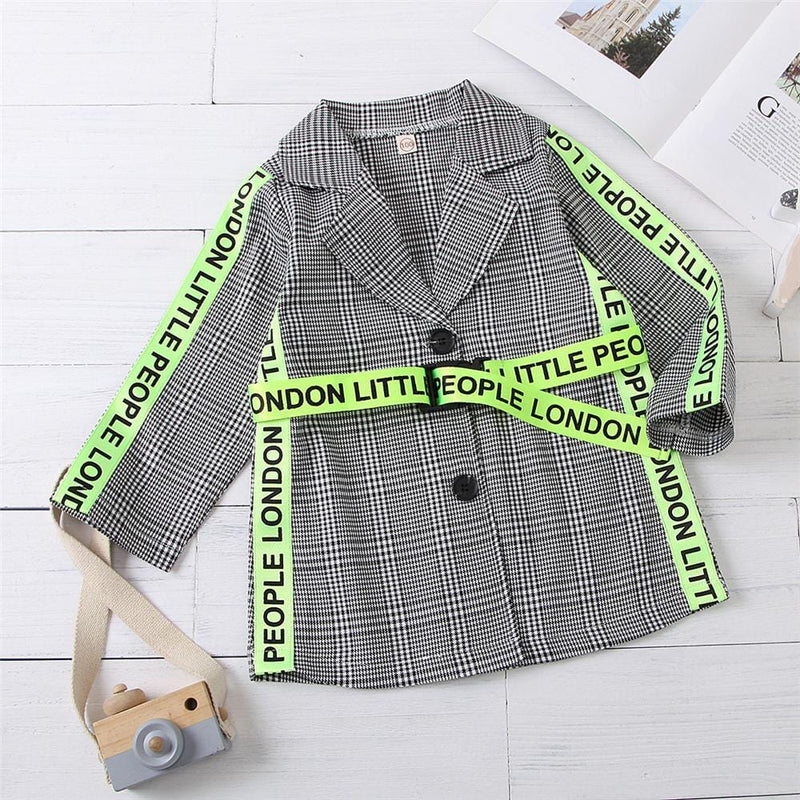 Girls Plaid Fluorescent Letters Ribbon Belt Long Sleeve Coat Girl Wholesale - PrettyKid
