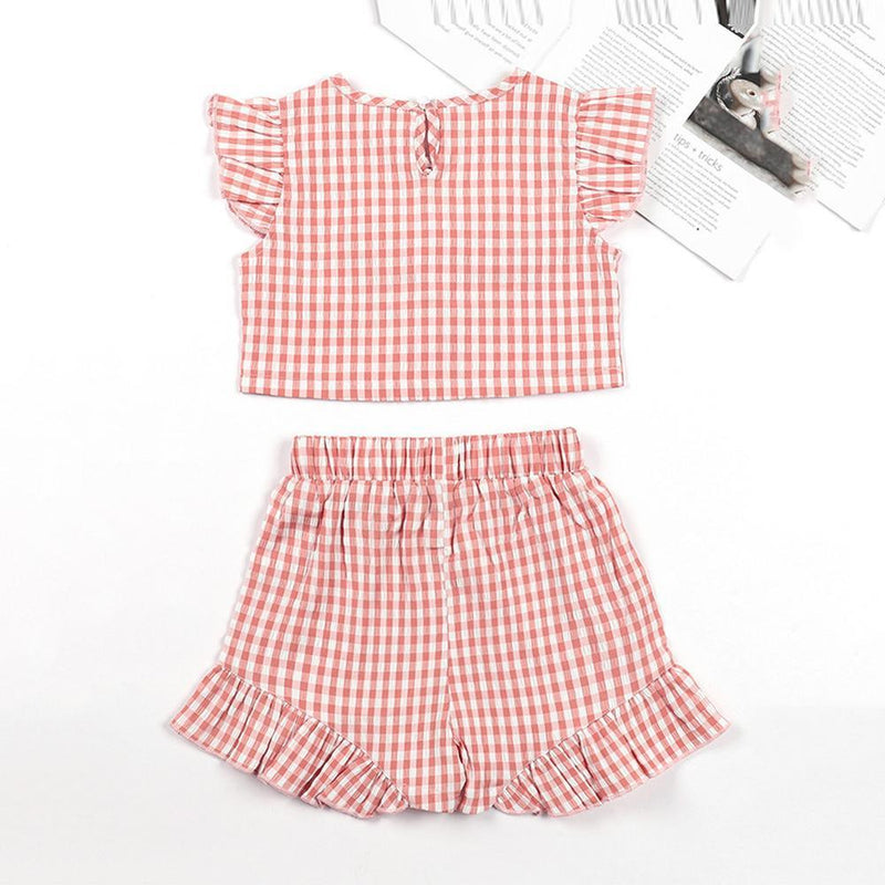 Toddler Girls Plaid Flying Sleeve Bow Decor Top & Shorts bulk buy baby grows - PrettyKid