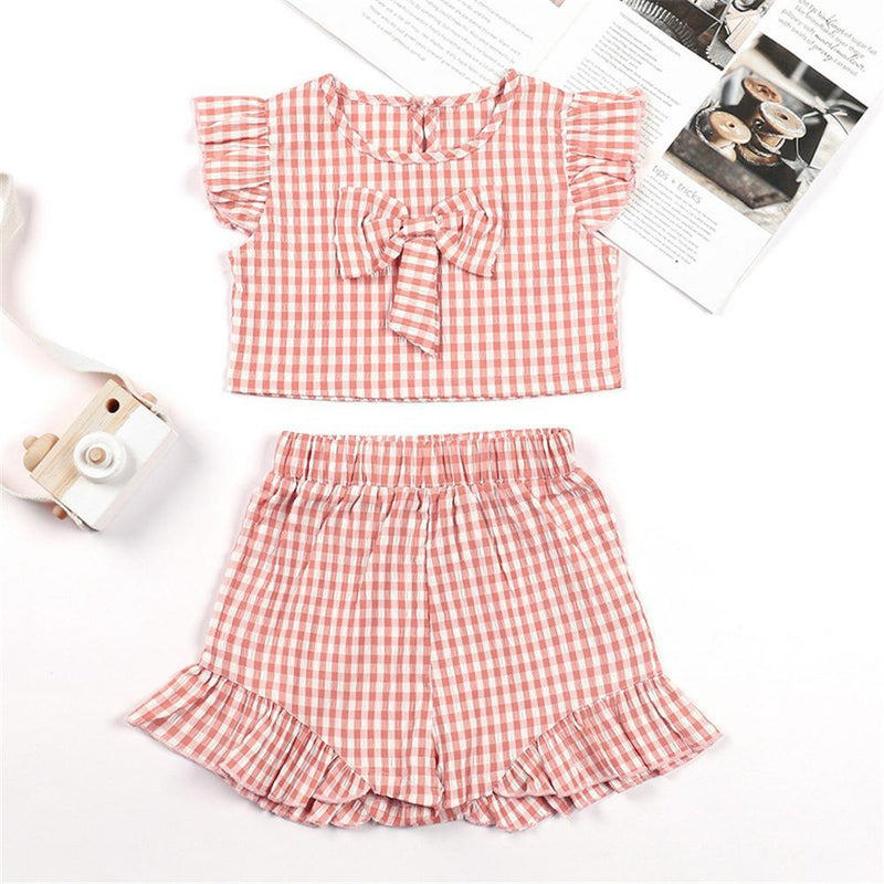 Toddler Girls Plaid Flying Sleeve Bow Decor Top & Shorts bulk buy baby grows - PrettyKid