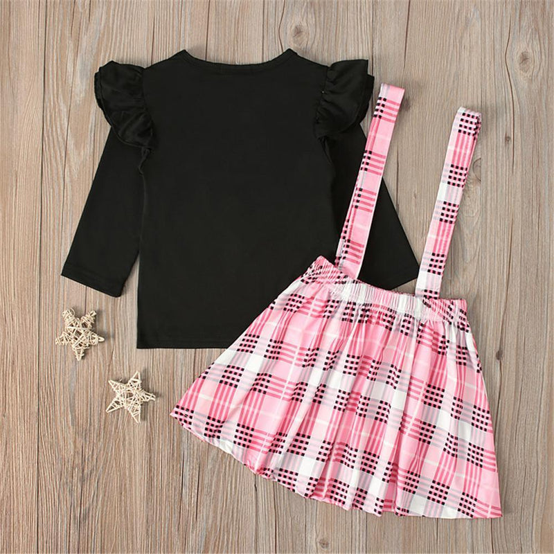 Girls Plaid Heart Long Sleeve Top & Suspender Skirt - PrettyKid