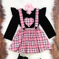 Girls Plaid Heart Long Sleeve Top & Suspender Skirt - PrettyKid