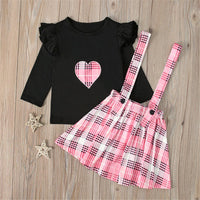 Girls Plaid Heart Long Sleeve Top & Suspender Skirt - PrettyKid