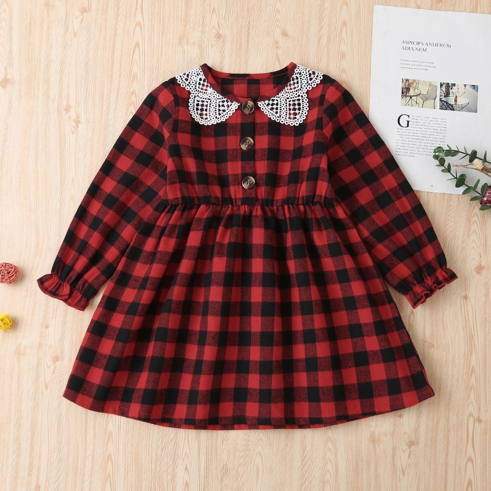 Girls Plaid Hollow Out Doll Collar Long Sleeve Dress Wholesale - PrettyKid