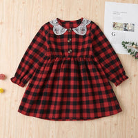 Girls Plaid Hollow Out Doll Collar Long Sleeve Dress Wholesale - PrettyKid