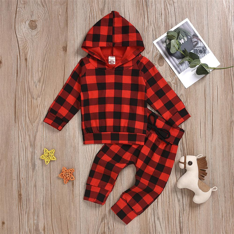 Baby Boys Plaid Hooded Long Sleeve Top & Pants Baby Clothes Suppliers - PrettyKid