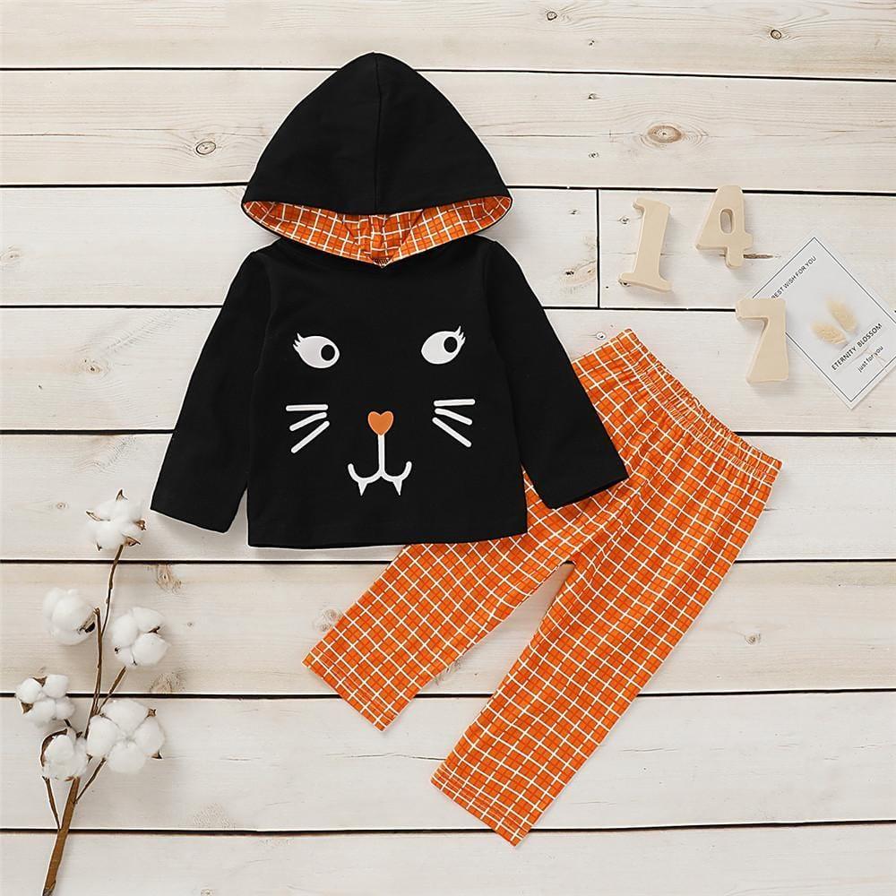 Girls Plaid Kitty Long Sleeve Hooded Jumper & Trousers - PrettyKid