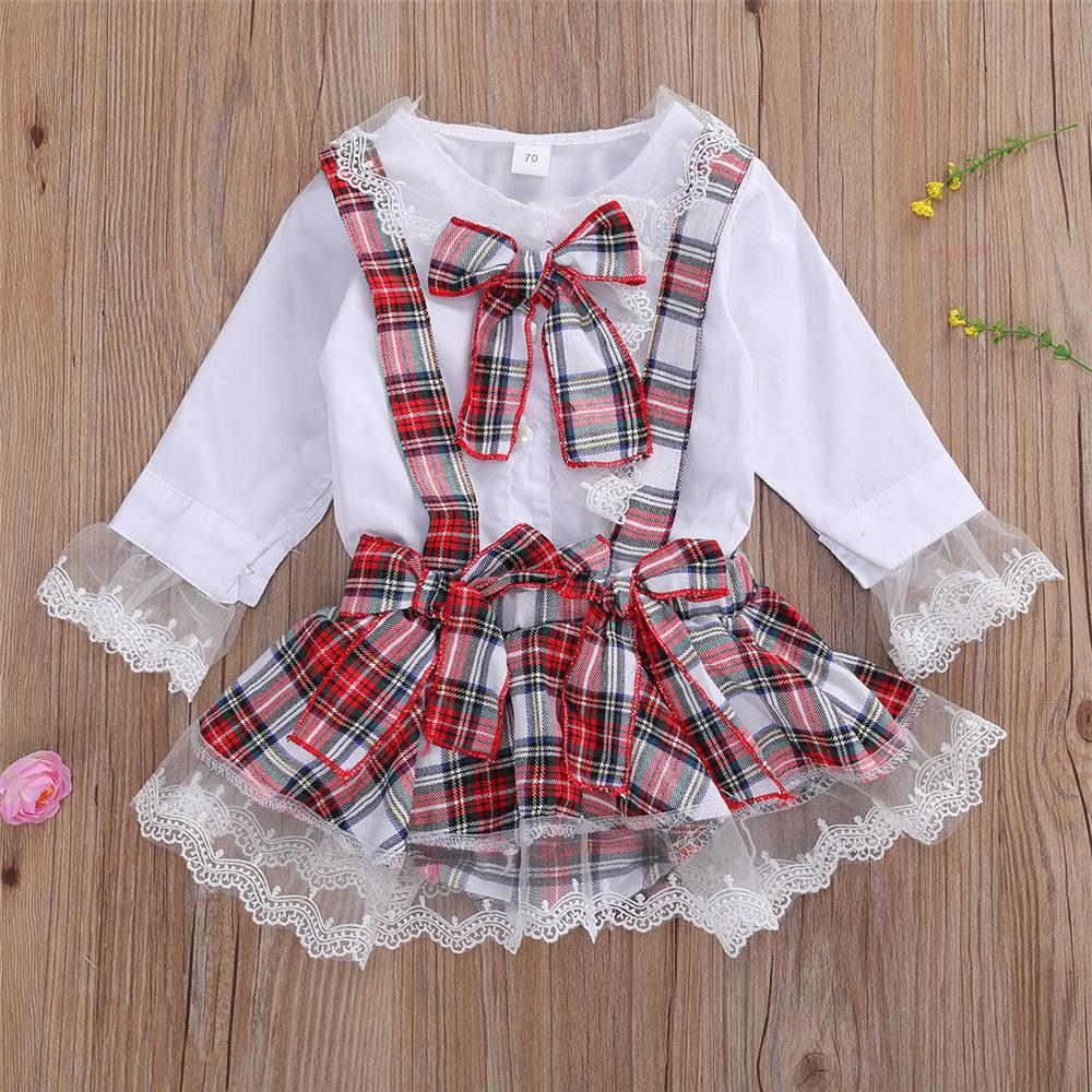 Baby Girls Plaid Lace Long Sleeve Top & Skirt Baby Boutique Wholesale - PrettyKid