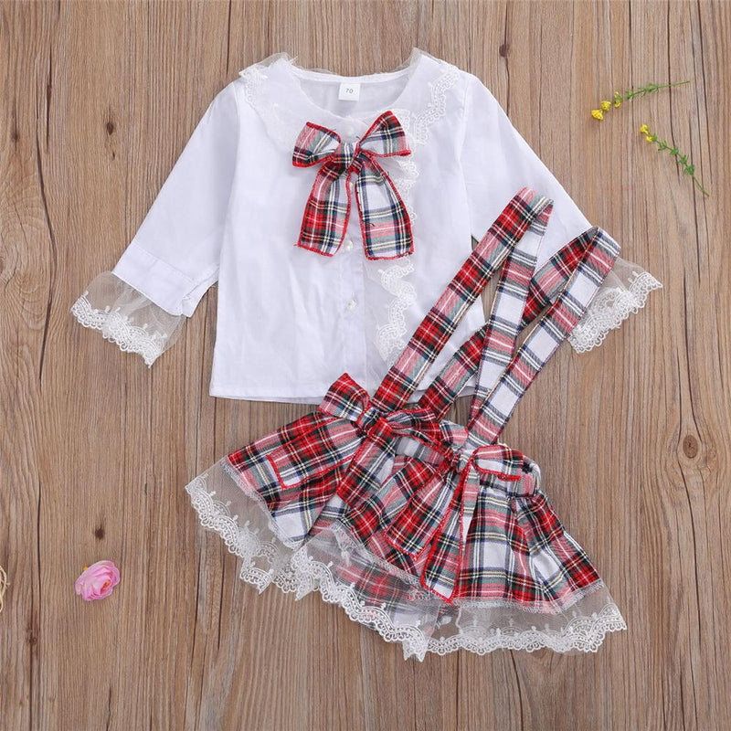 Baby Girls Plaid Lace Long Sleeve Top & Skirt Baby Boutique Wholesale - PrettyKid