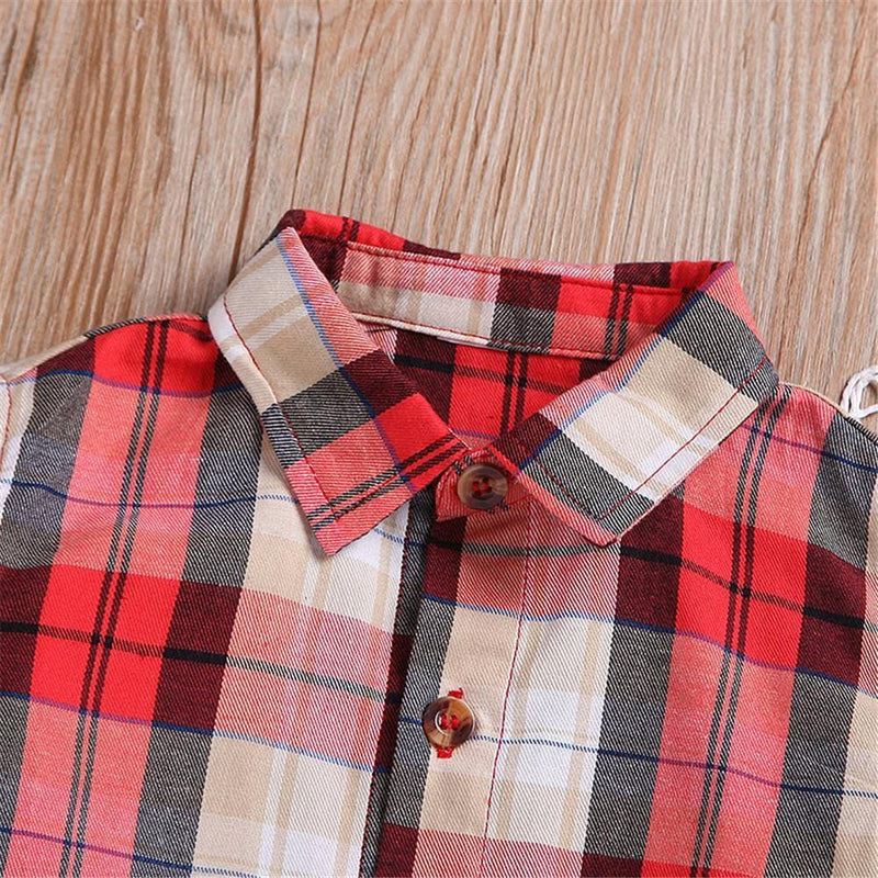 Girls Plaid Lapel Button Blouse & Solid Pants Girls Clothing Wholesale - PrettyKid