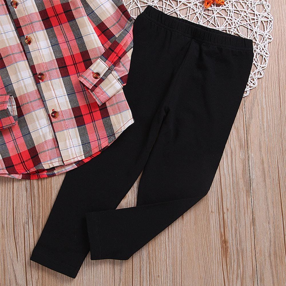 Girls Plaid Lapel Button Blouse & Solid Pants Girls Clothing Wholesale - PrettyKid