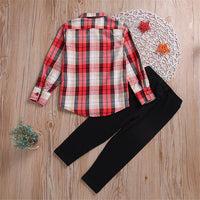 Girls Plaid Lapel Button Blouse & Solid Pants Girls Clothing Wholesale - PrettyKid