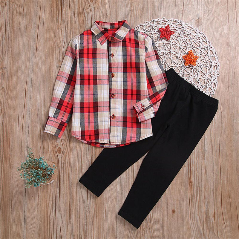 Girls Plaid Lapel Button Blouse & Solid Pants Girls Clothing Wholesale - PrettyKid